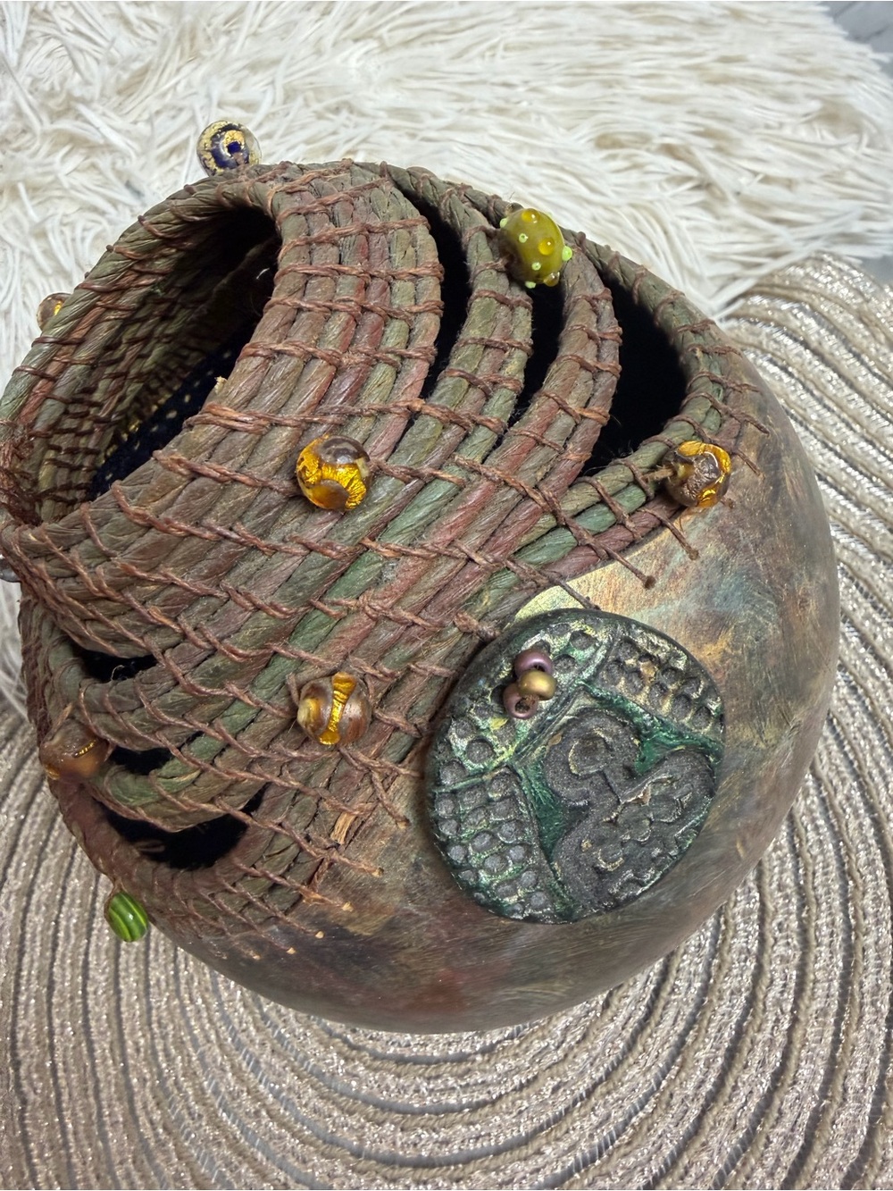 Artisan Gourd Art Look Vessel Natural Fiber Metallic One of a Kind Glass Beads
